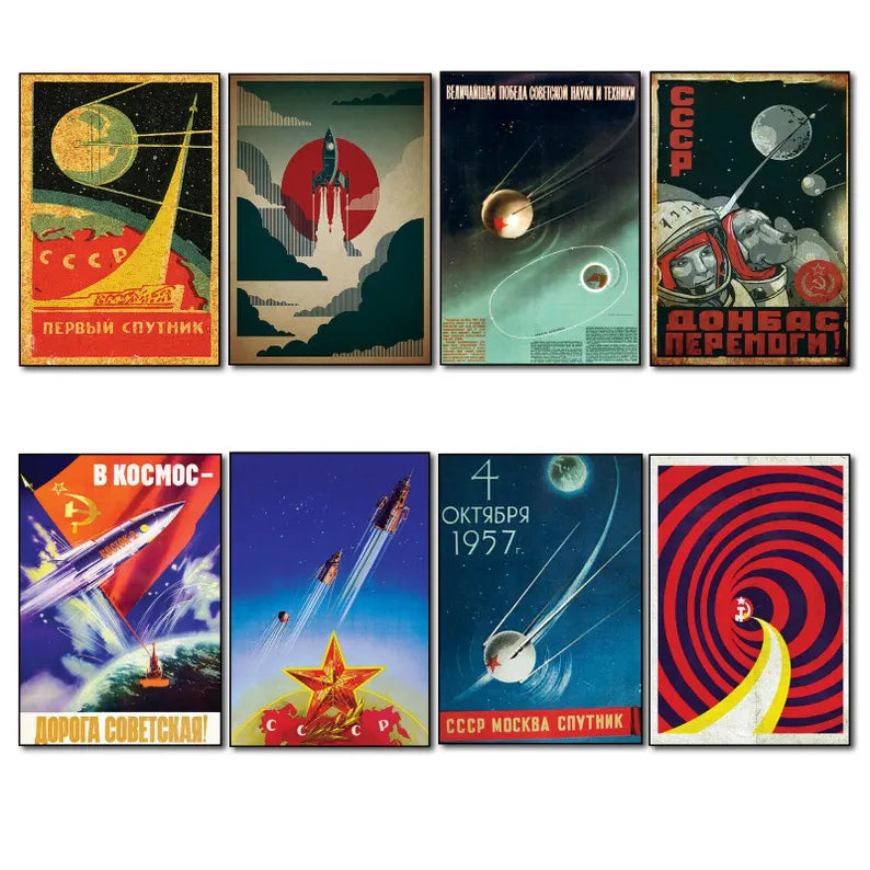 Sputnik Space Race Magnet Set – Vintage USSR Posters - Set of 8
