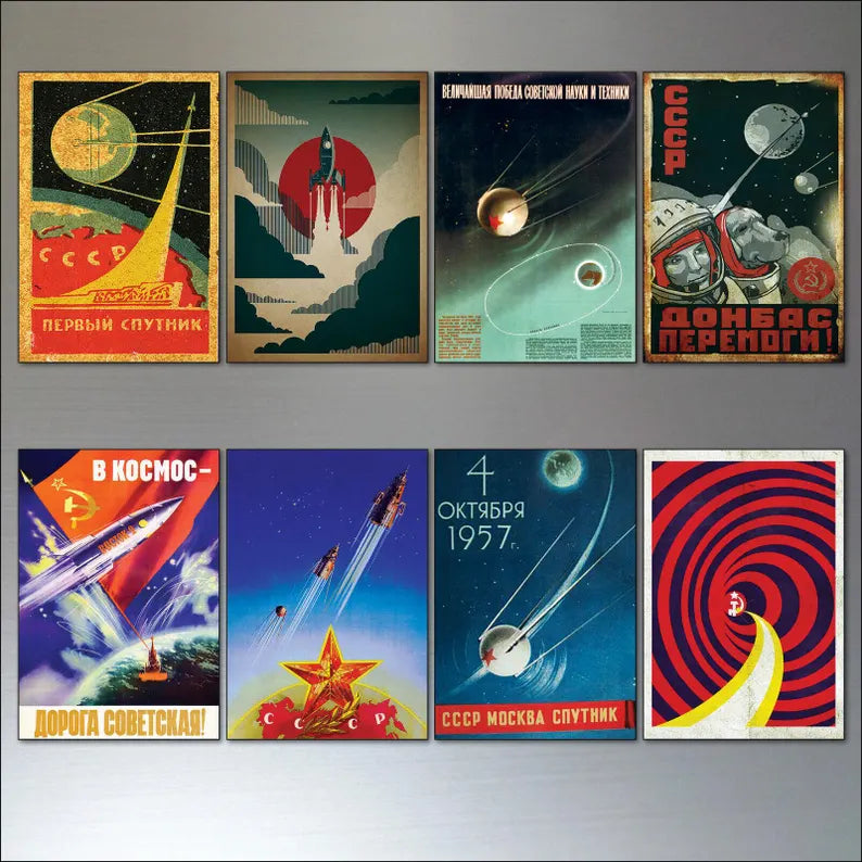 Sputnik Space Race Magnet Set – Vintage USSR Posters - Set of 8